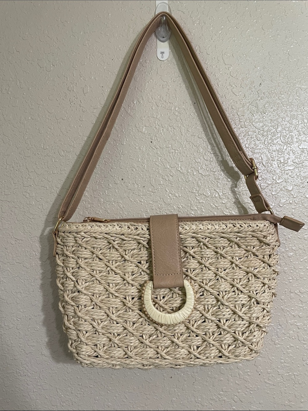 Woven Straw Crossbody Bag with Tan Accent
